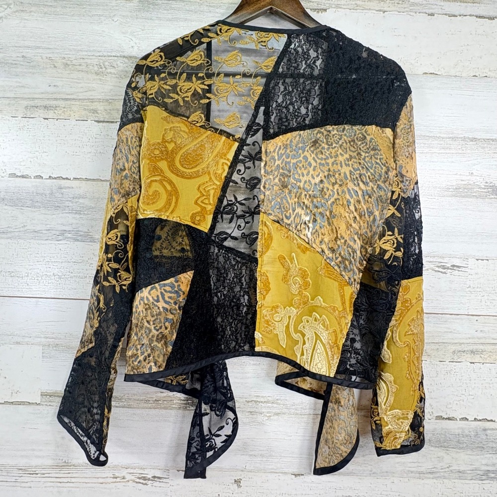 Chicos Patchwork Lace Leopard Paisley Tie Front Kimono Top Sheer Gold Black M - Picture 4 of 9